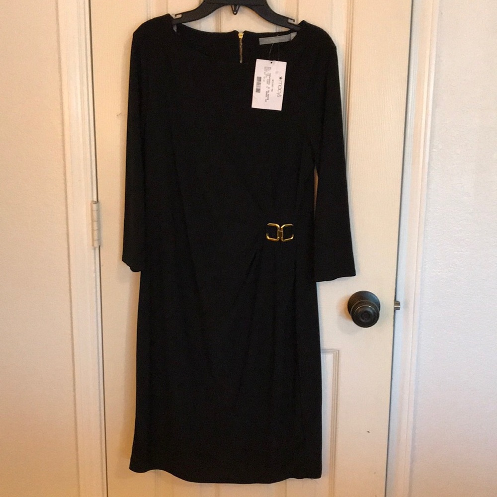 Quarter long sleeve black dress with gold buckle